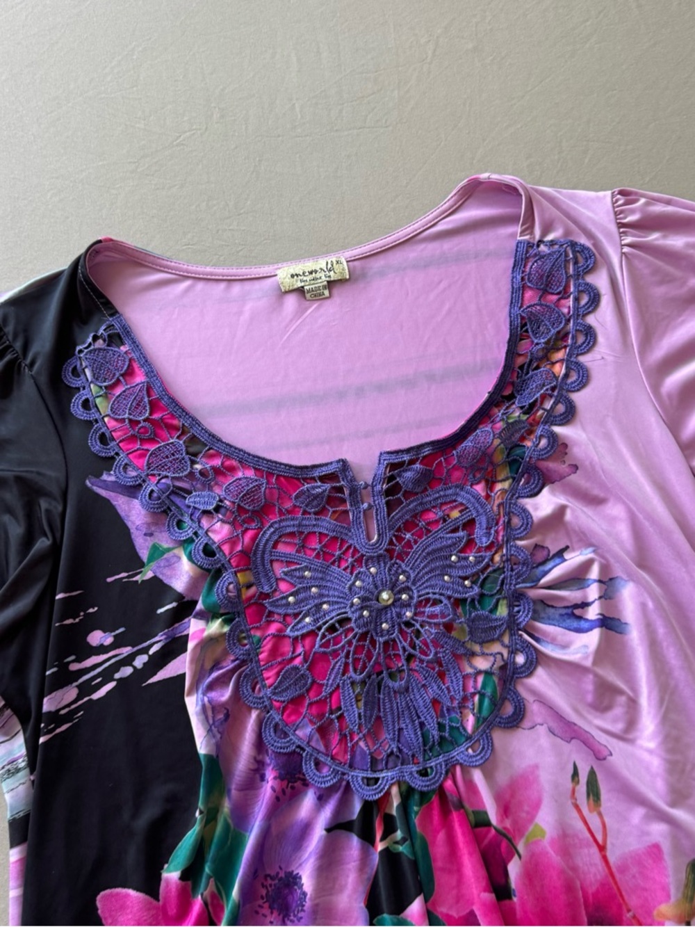 Y2K Early 2000s One World Micro Jersey  Flutter Sleeve Crochet Top - Picture 3 of 6